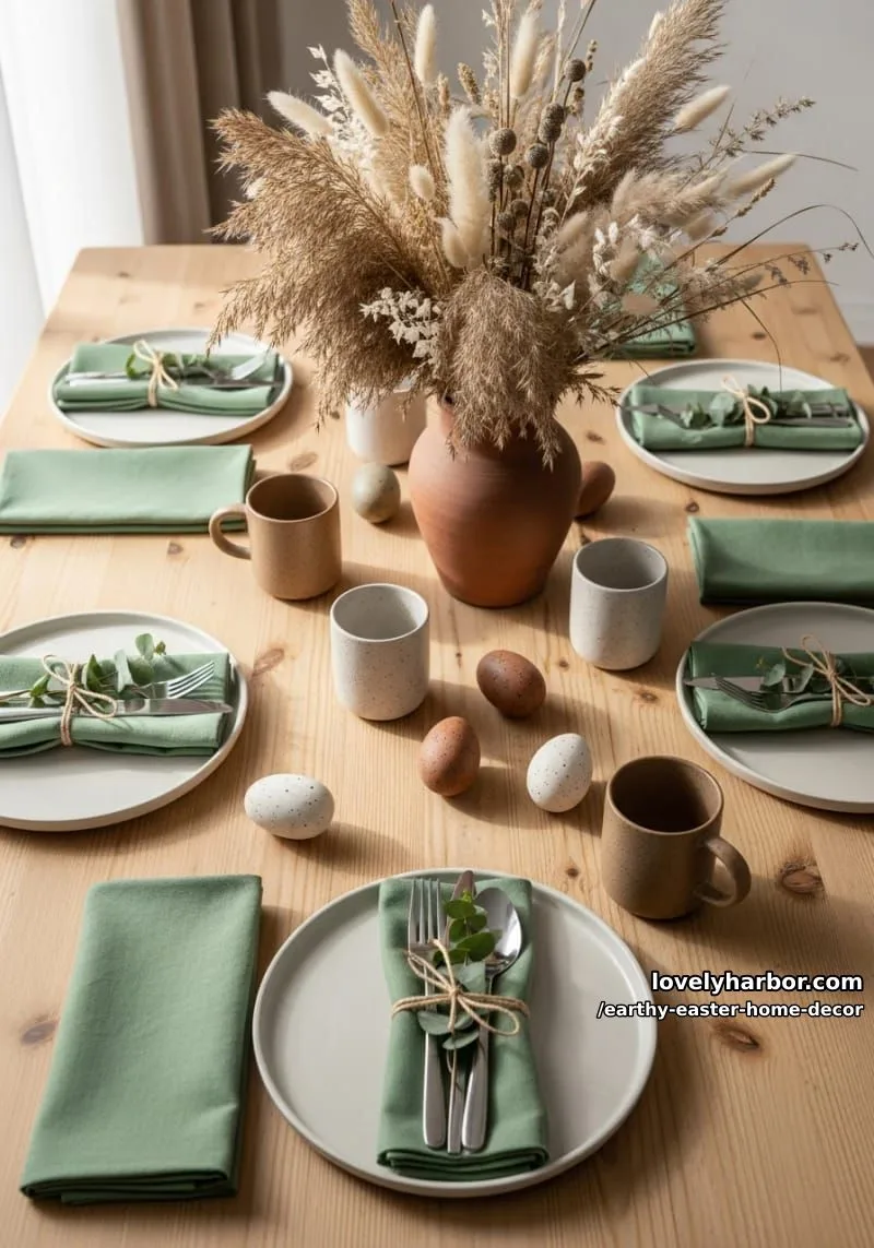 15 Earthy Easter Home Decor For A Nature-Friendly Seasonal Touch 19 table setting with sage napkins, ceramic plates, and twine-wrapped cutlery 1