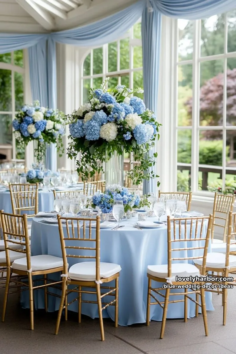 tall glass vases filled with cascading blue and white hydrangeas 1
