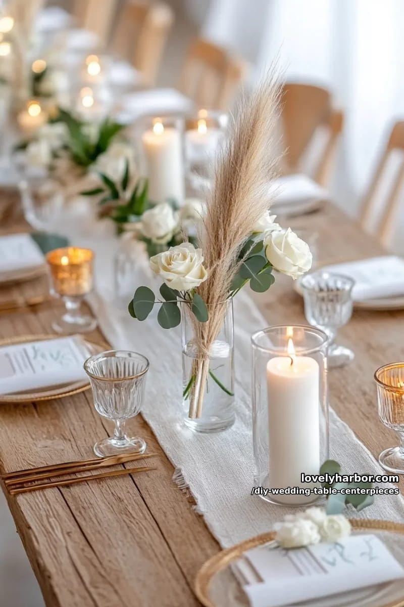 tall glass vases with single dramatic pampas grass stems 1