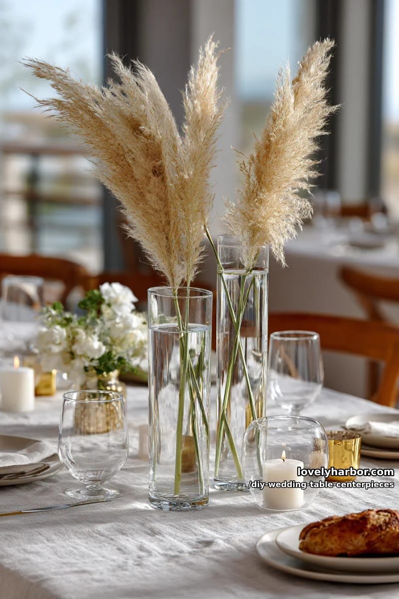 tall glass vases with single dramatic pampas grass stems 1