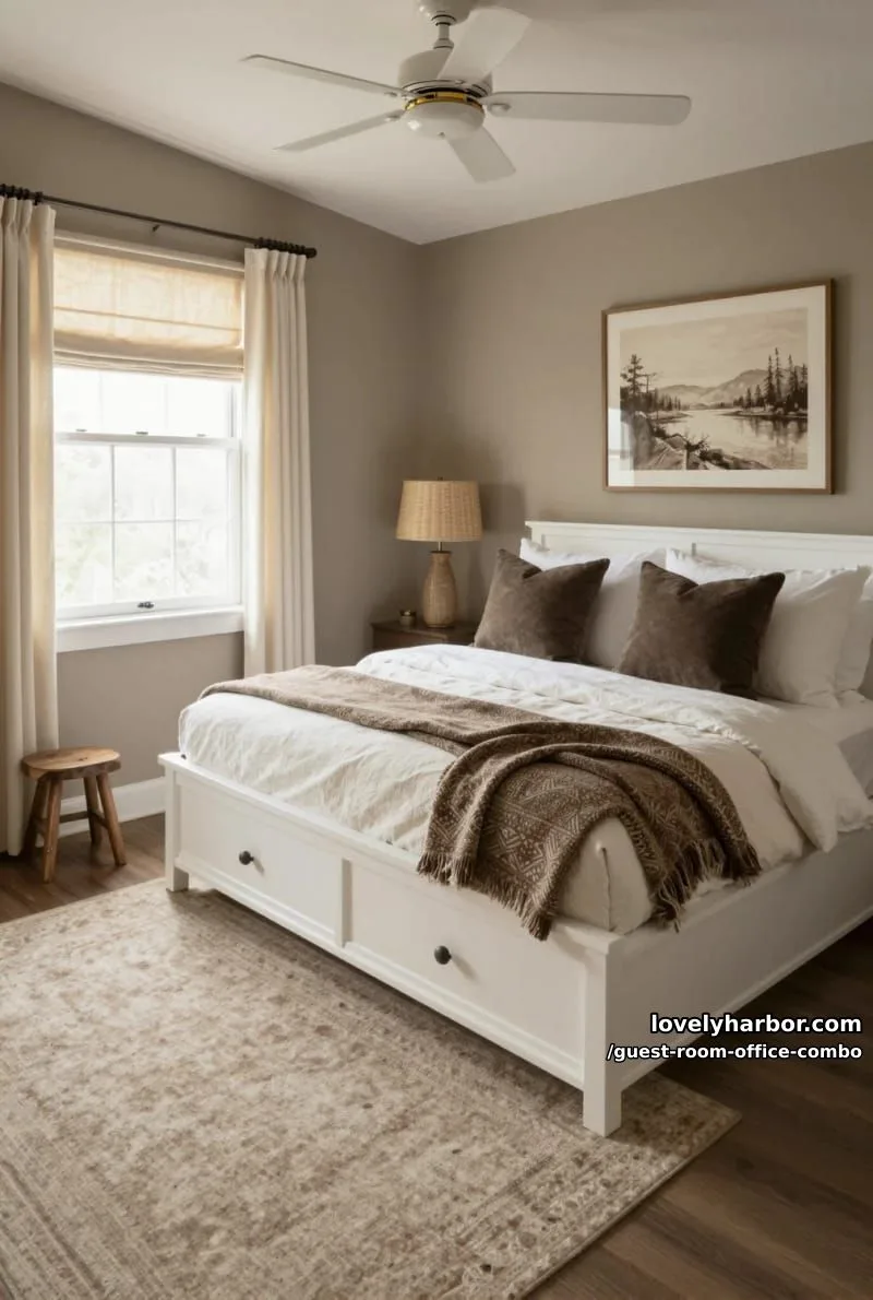 taupe bedroom with white daybed, brown accents, and sloped ceiling. 1