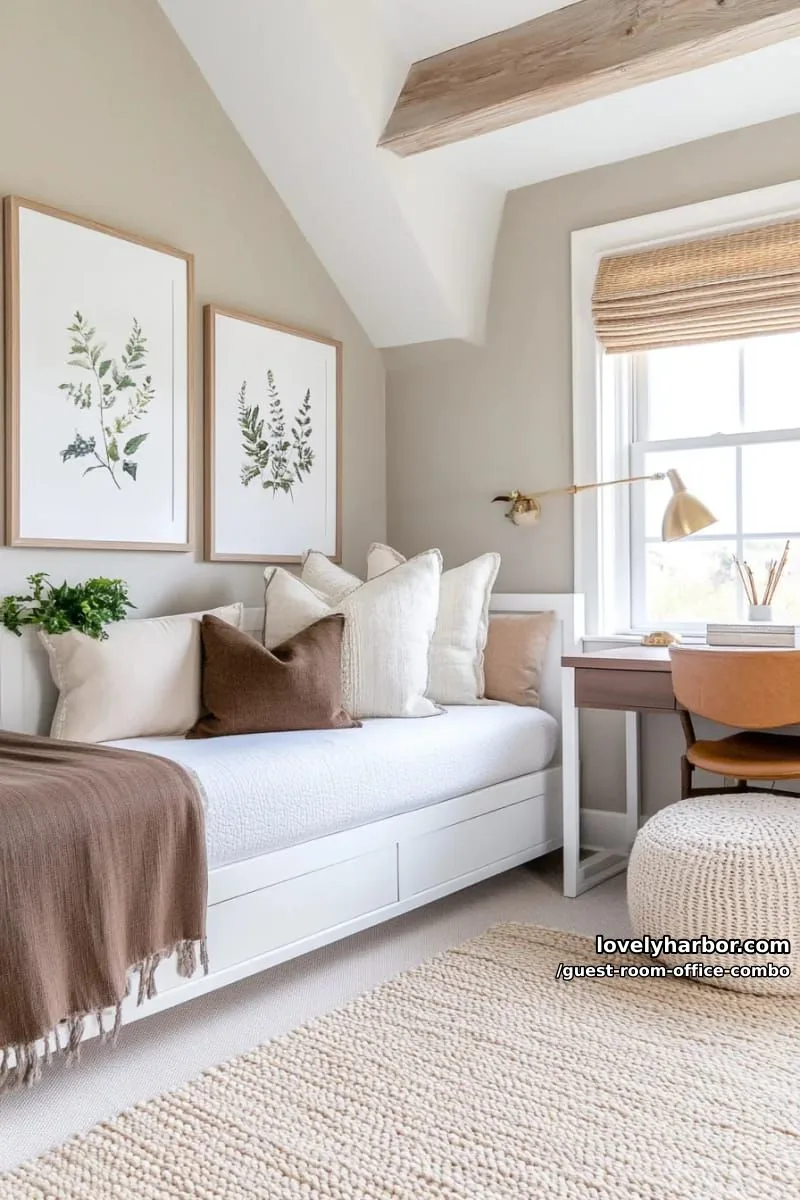 taupe bedroom with white daybed, brown accents, and sloped ceiling. 1