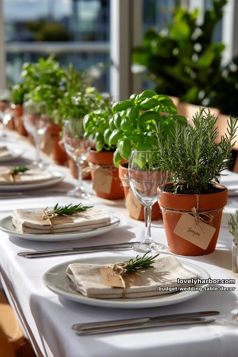 terracotta pots filled with fresh herbs guests can take home as favors 1