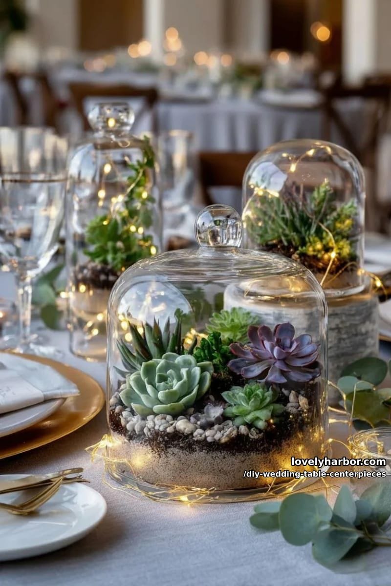 terrarium-style glass domes filled with succulents and fairy lights 1
