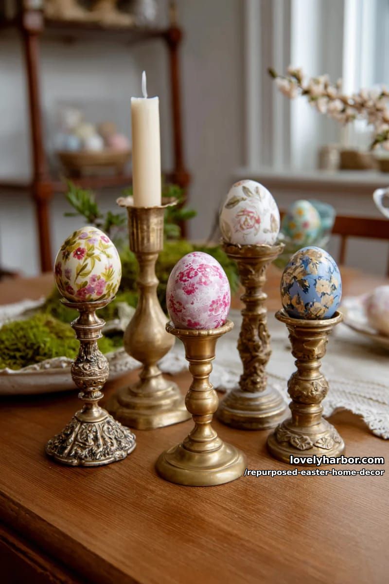 thrifted candlestick stands showcasing hand-painted easter eggs 1