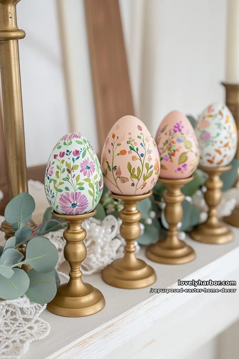 thrifted candlestick stands showcasing hand-painted easter eggs 1