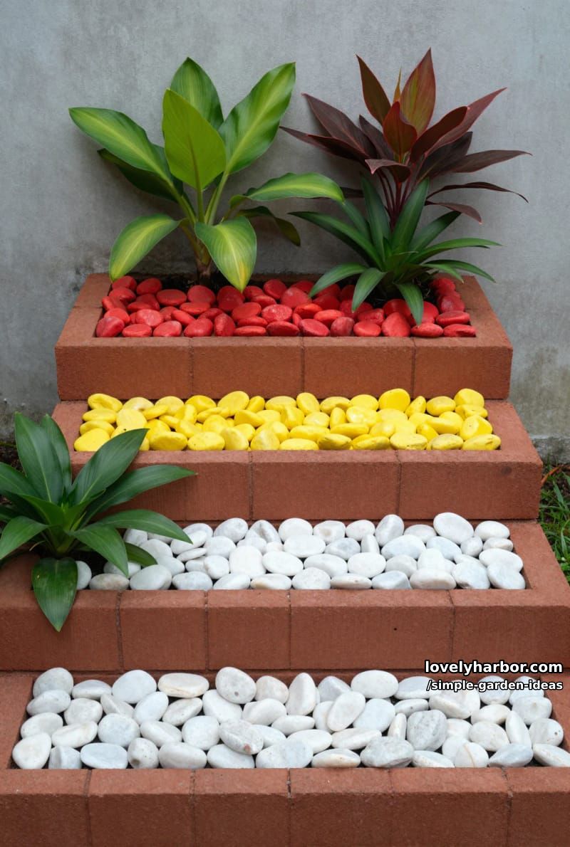 tiered brick garden with colored stones and tropical plants 1