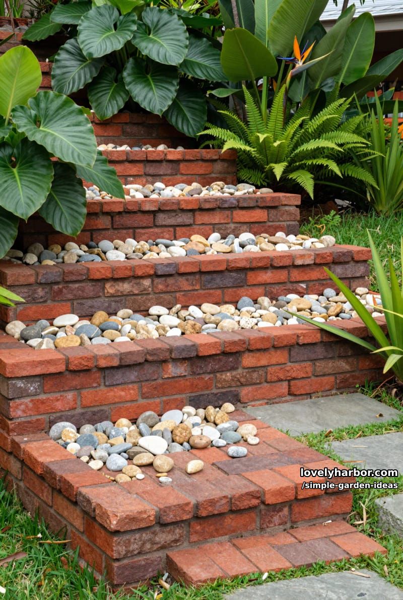 tiered brick garden with colored stones and tropical plants 1