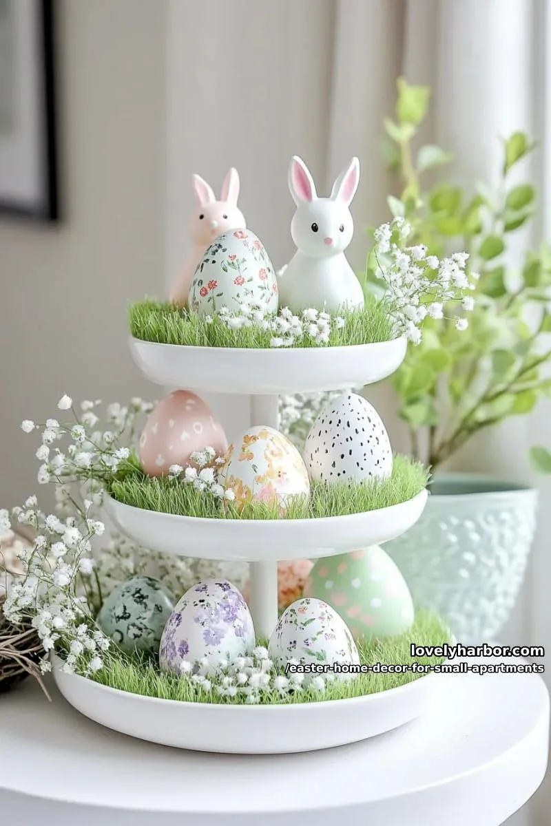 tiered tray display with faux grass, bunnies, and painted wooden eggs 1