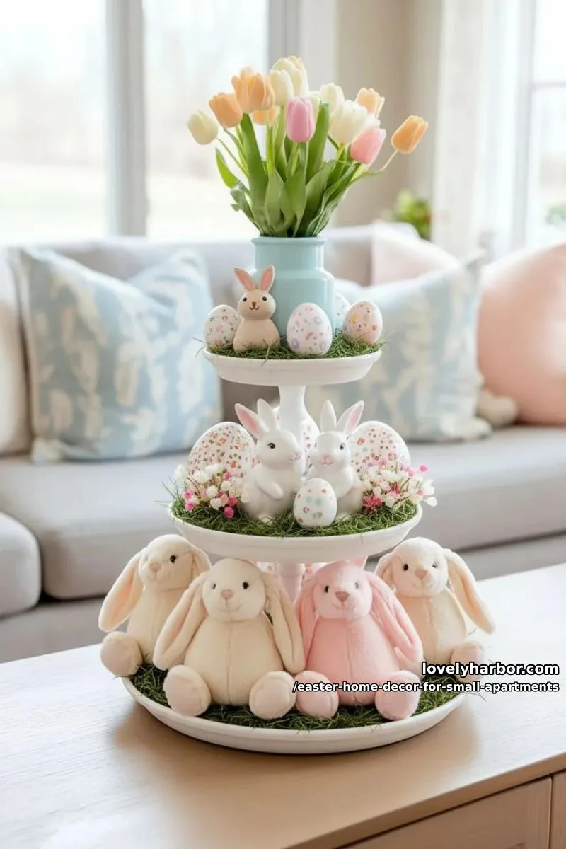 tiered tray display with faux grass, bunnies, and painted wooden eggs 1