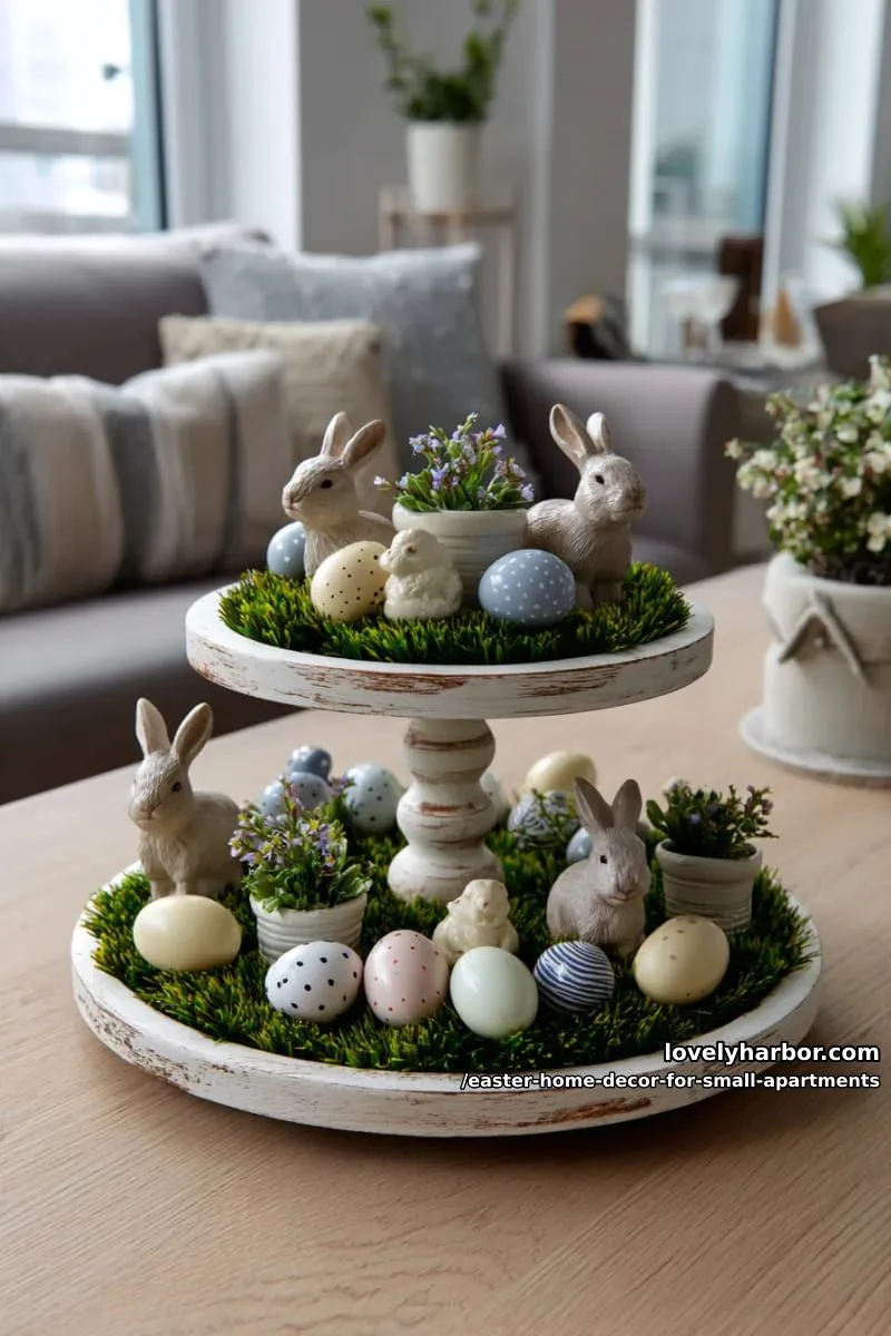 tiered tray display with faux grass, bunnies, and painted wooden eggs 1