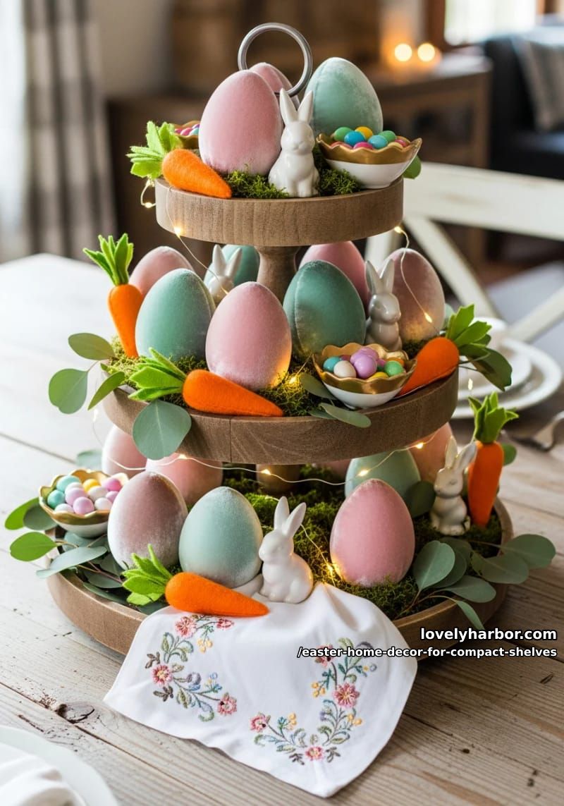 tiered trays showcasing velvet eggs and miniature carrots 1