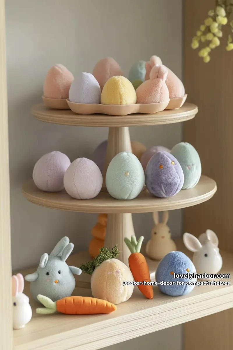 tiered trays showcasing velvet eggs and miniature carrots 1
