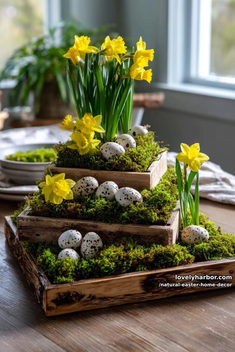 tiered wooden trays layered with moss, quail eggs, and daffodils 1
