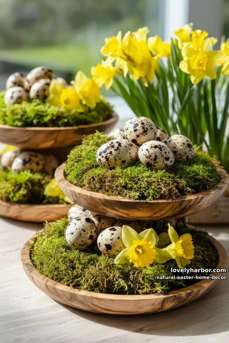 tiered wooden trays layered with moss, quail eggs, and daffodils 1