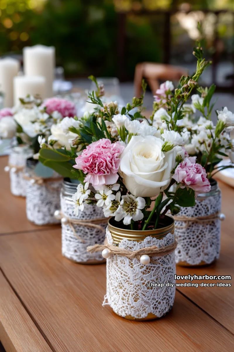 tin cans wrapped in lace for charming floral arrangements 1