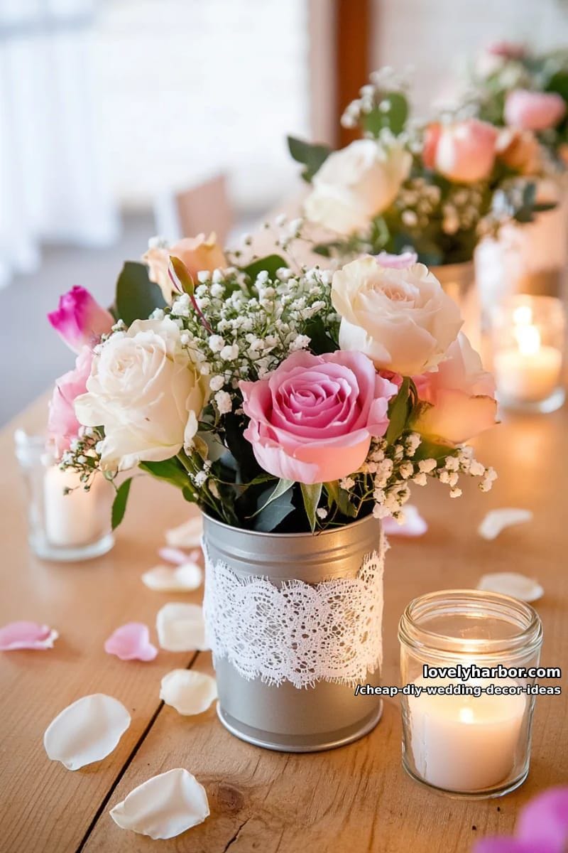 tin cans wrapped in lace for charming floral arrangements 1