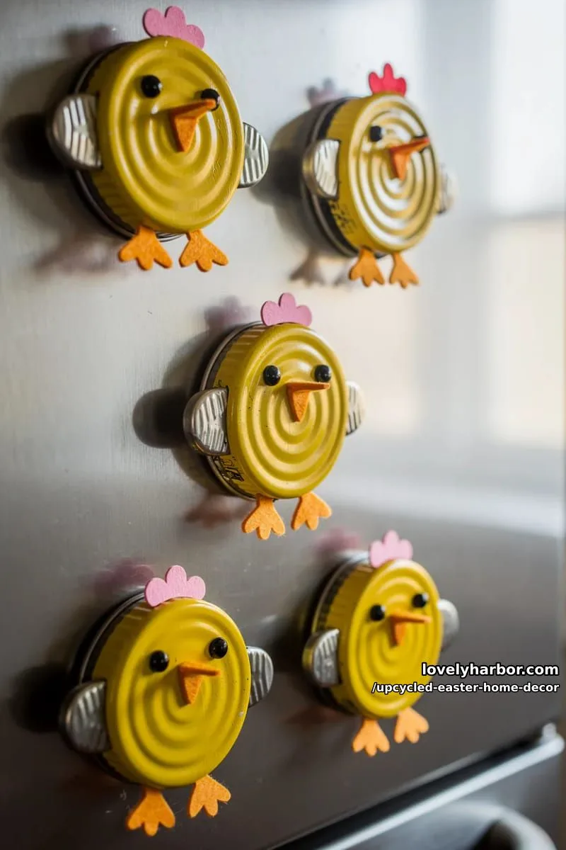 15 Upcycled Easter Home Decor That Give Old Treasures New Life 30 tin lid easter chick magnets for the fridge using bottle caps 1