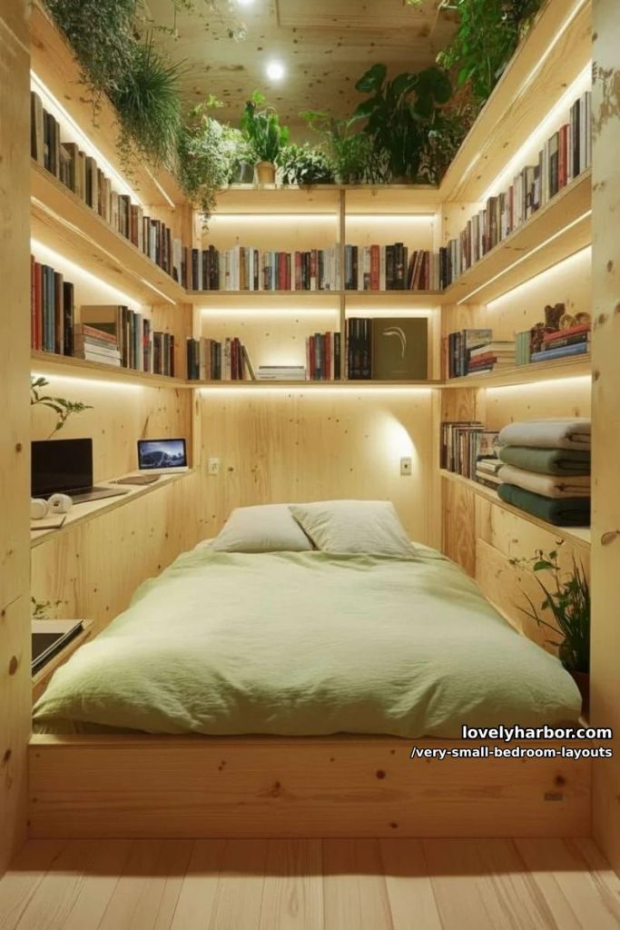 tiny alcove bed surrounded by plants and light wood floating shelves. 26