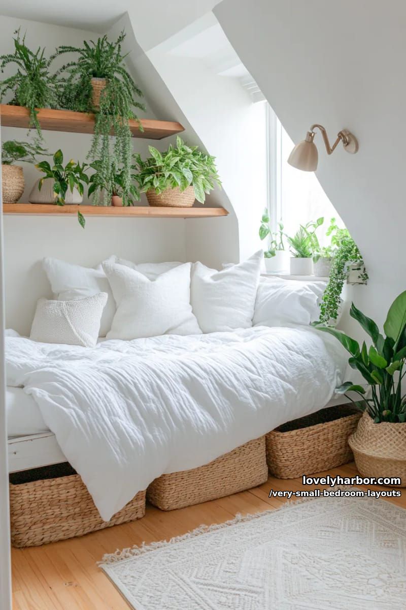 tiny alcove bed surrounded by plants and light wood floating shelves. 1