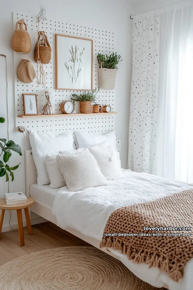 tiny bedroom featuring a bed nestled against one wall with pegboard storage. 1