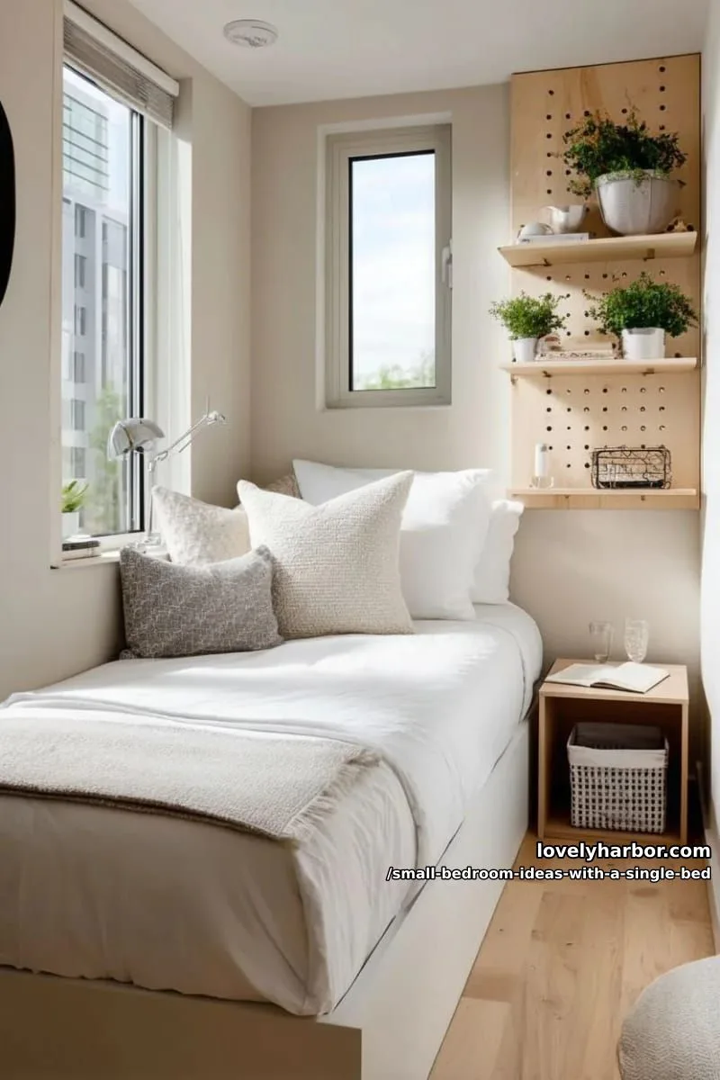 tiny bedroom featuring a bed nestled against one wall with pegboard storage. 1