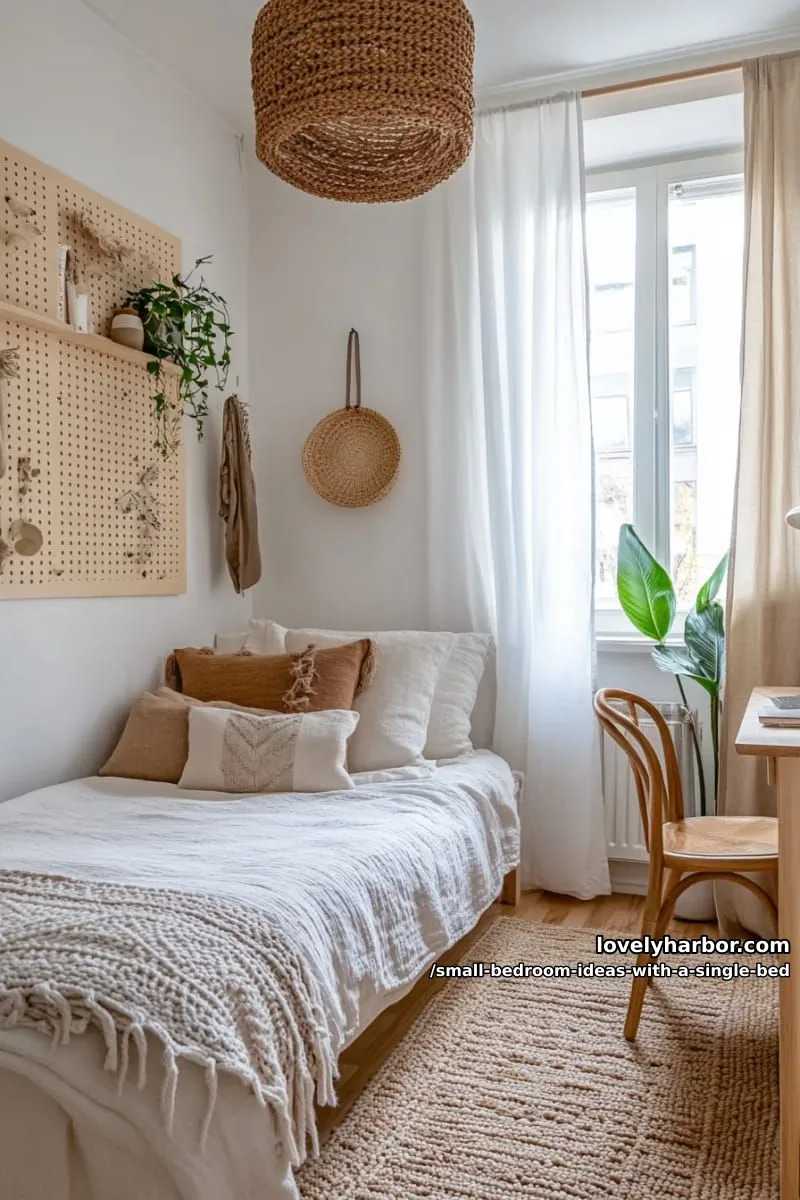 tiny bedroom featuring a bed nestled against one wall with pegboard storage. 1