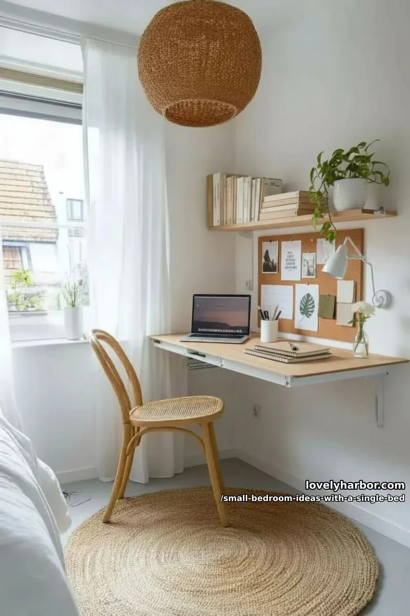 tiny bedroom with a fold-down wall desk and minimalist bedding. 1