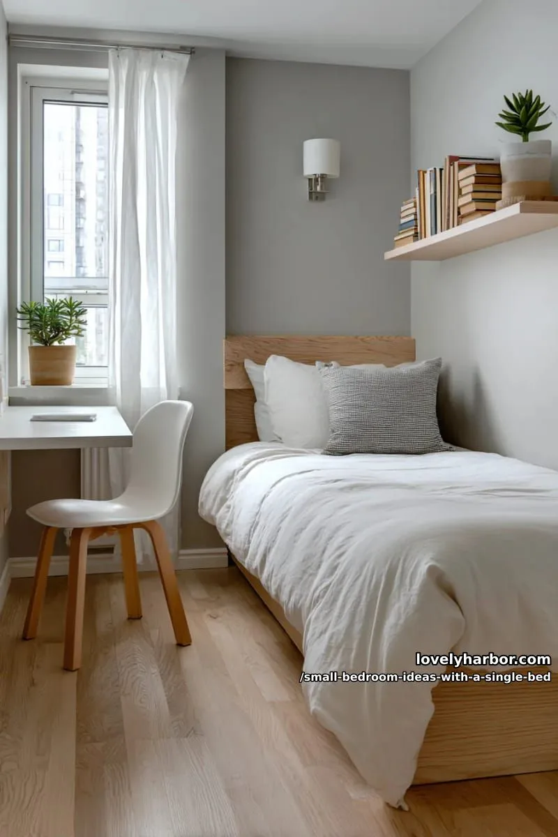 tiny bedroom with a fold-down wall desk and minimalist bedding. 1