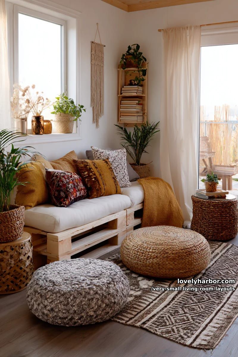 tiny boho living room with poufs and textured woven rugs 1