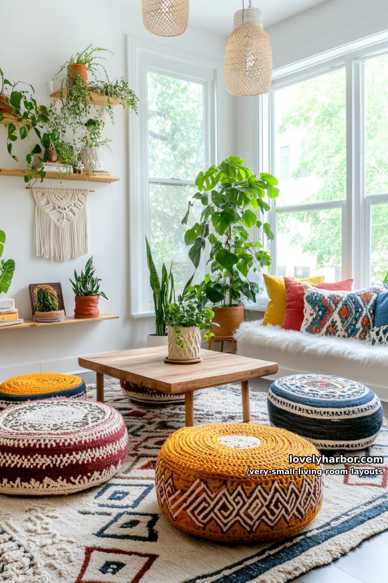 tiny boho living room with poufs and textured woven rugs 1