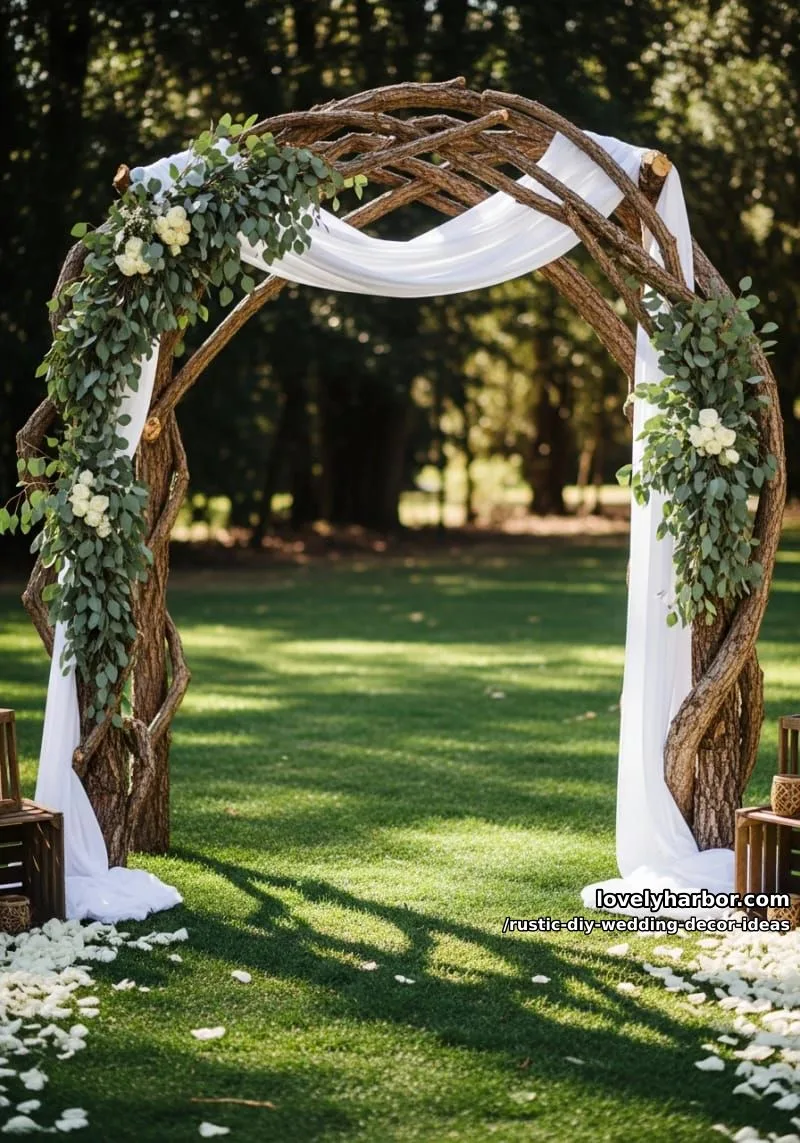 19 Rustic DIY Wedding Decor Ideas with Dreamy Vibes 15 tree branch archway draped in sheer white fabric and eucalyptus 1