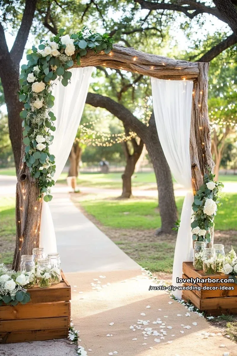 19 Rustic DIY Wedding Decor Ideas with Dreamy Vibes 16 tree branch archway draped in sheer white fabric and eucalyptus 1