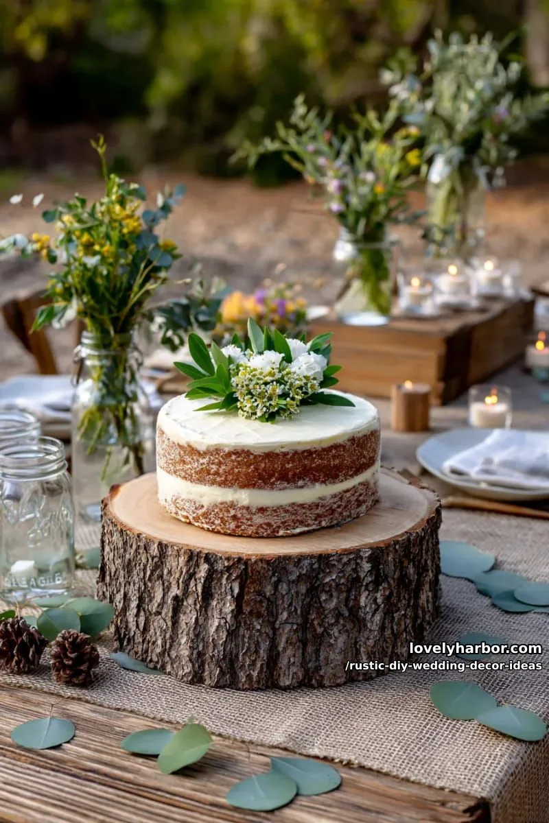 19 Rustic DIY Wedding Decor Ideas with Dreamy Vibes 38 tree stump cake stand for a simple naked cake display 1