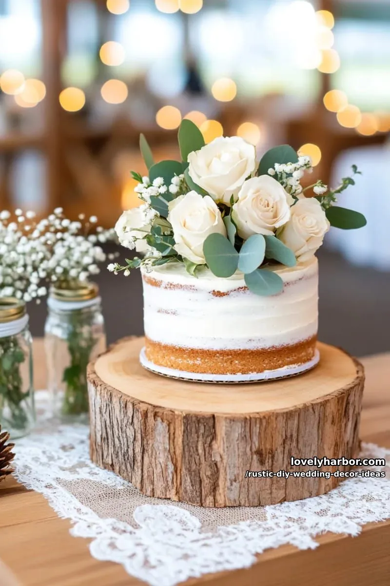 19 Rustic DIY Wedding Decor Ideas with Dreamy Vibes 39 tree stump cake stand for a simple naked cake display 1