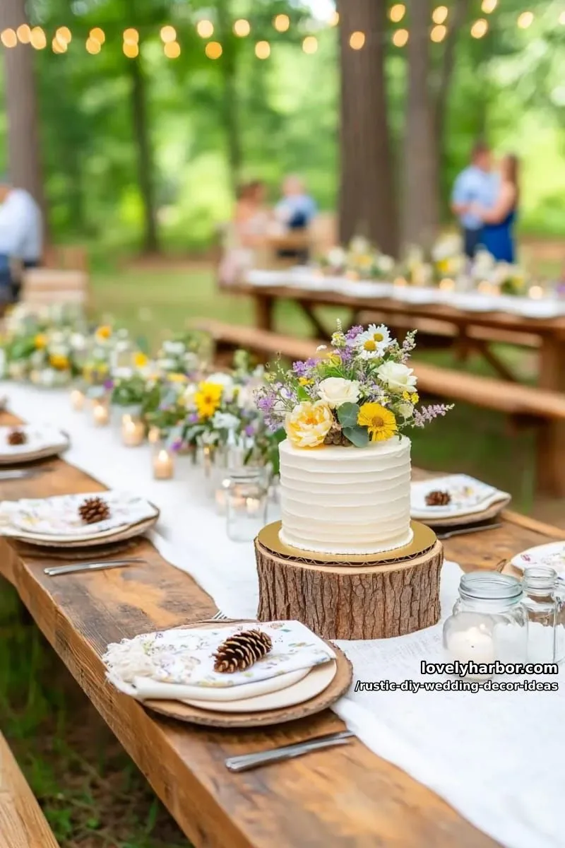 19 Rustic DIY Wedding Decor Ideas with Dreamy Vibes 40 tree stump cake stand for a simple naked cake display 1