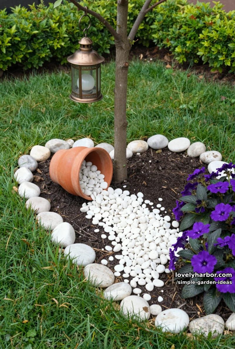 tree with lantern, heart-shaped stone border, and spilling pebble effect 1