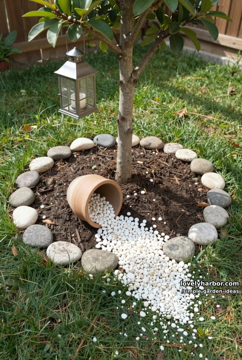 tree with lantern, heart-shaped stone border, and spilling pebble effect 1
