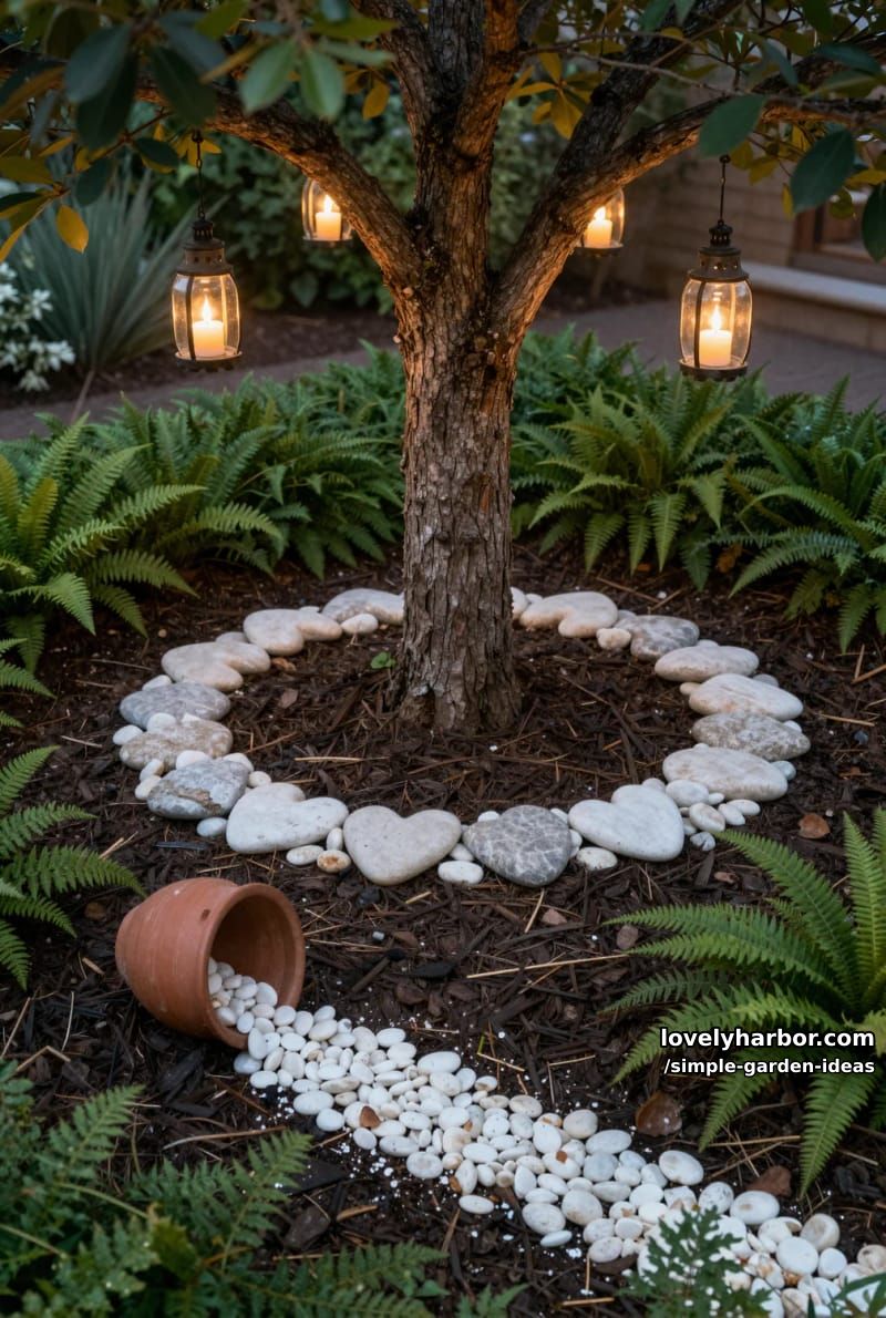 tree with lantern, heart-shaped stone border, and spilling pebble effect 1