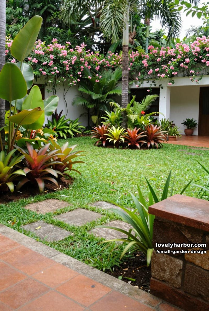 tropical garden courtyard with dense foliage, palm trees, and colorful flowers. 1