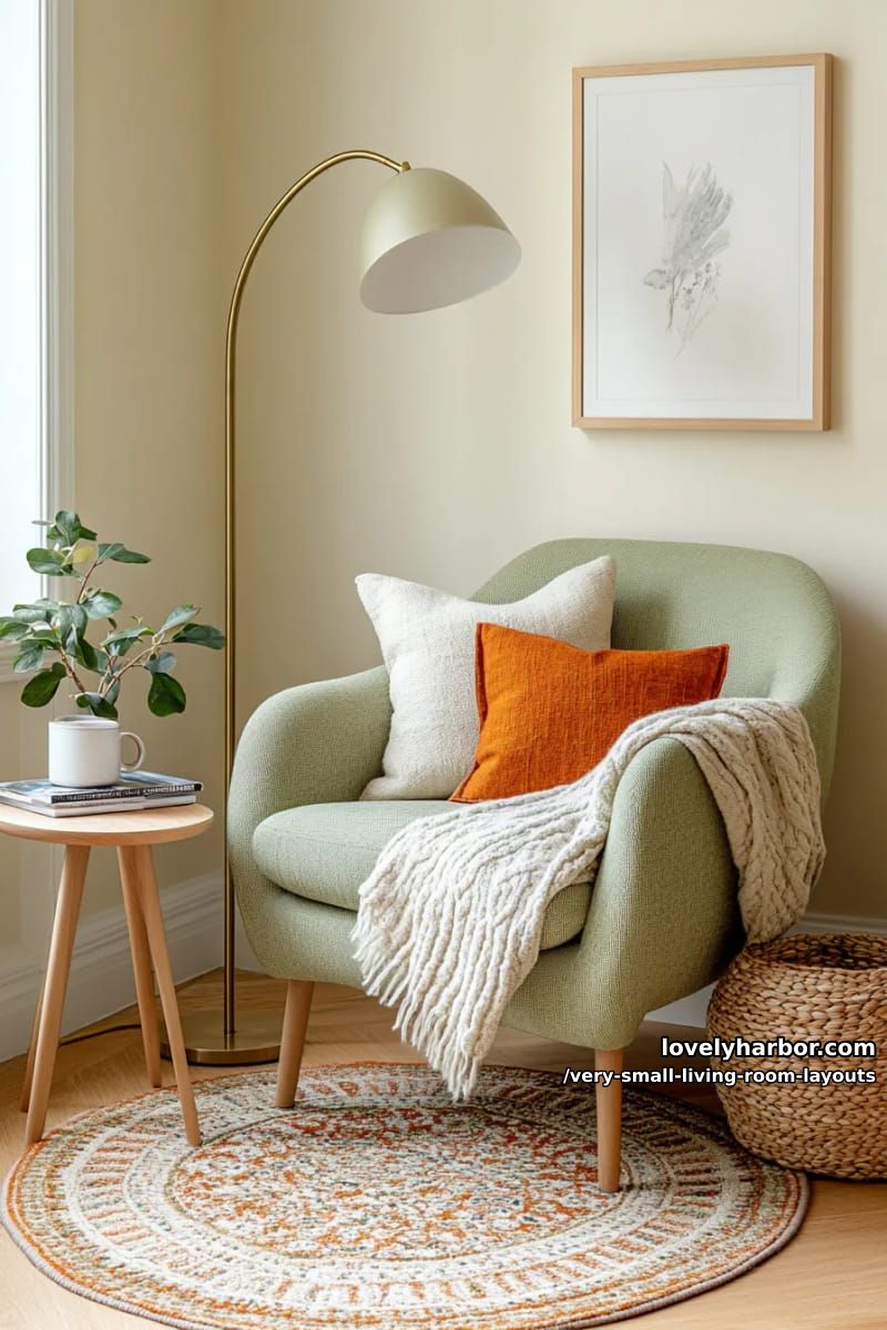 tucked-in reading corner with arched lamp and small patterned rug 1
