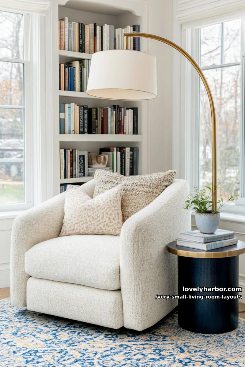 tucked-in reading corner with arched lamp and small patterned rug 1