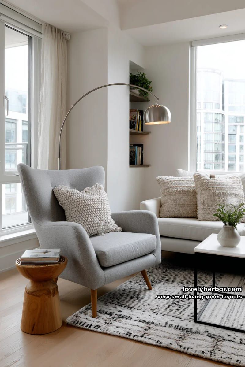 tucked-in reading corner with arched lamp and small patterned rug 1