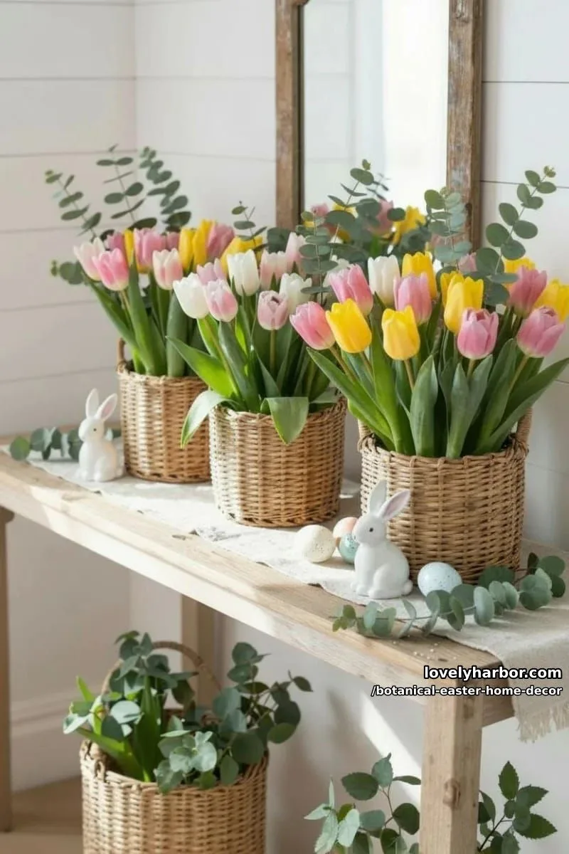 tulip-filled baskets paired with eucalyptus sprigs and ceramic rabbits 1