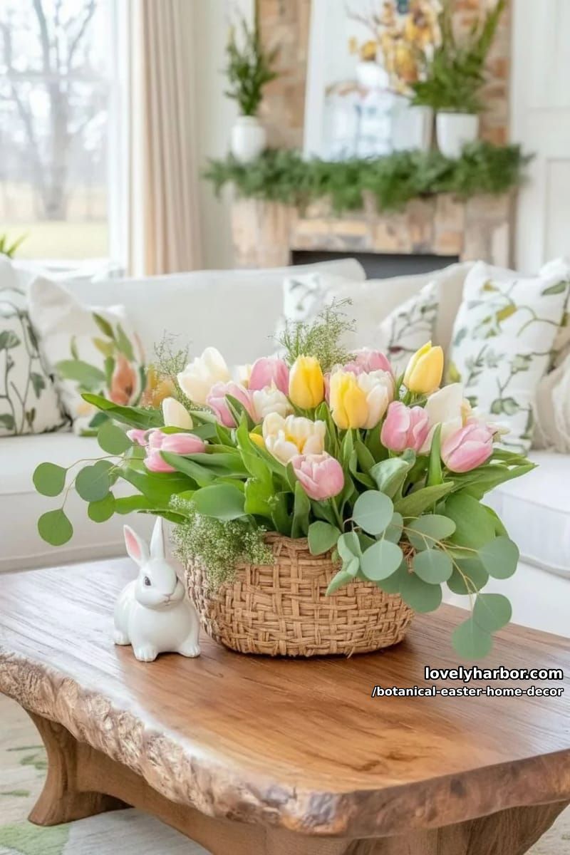 tulip-filled baskets paired with eucalyptus sprigs and ceramic rabbits 1
