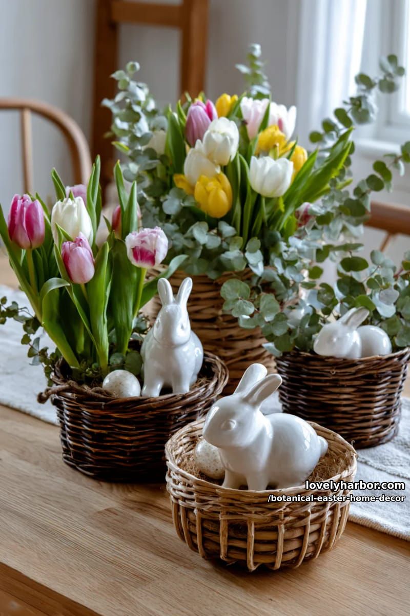 tulip-filled baskets paired with eucalyptus sprigs and ceramic rabbits 1