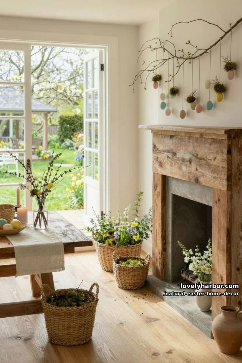 twigs and hanging natural egg ornaments arranged on a rustic branch 1