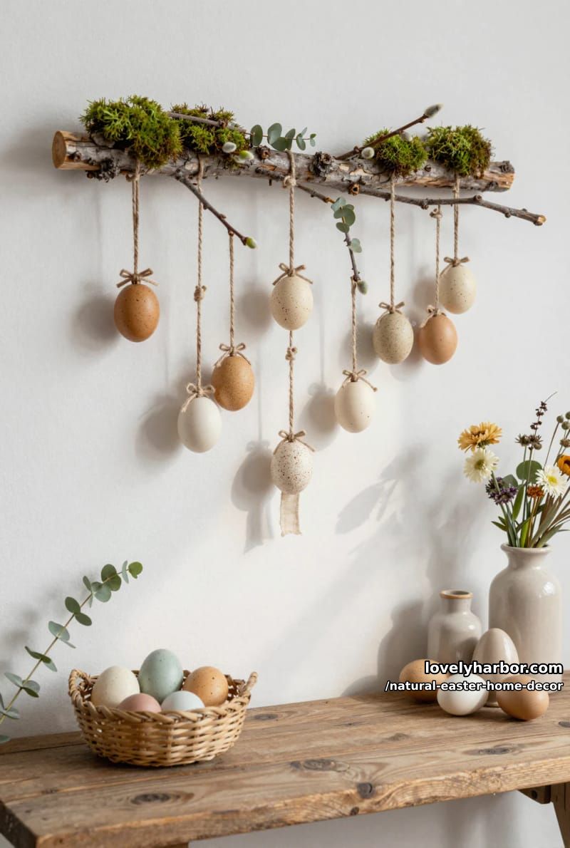 twigs and hanging natural egg ornaments arranged on a rustic branch 1