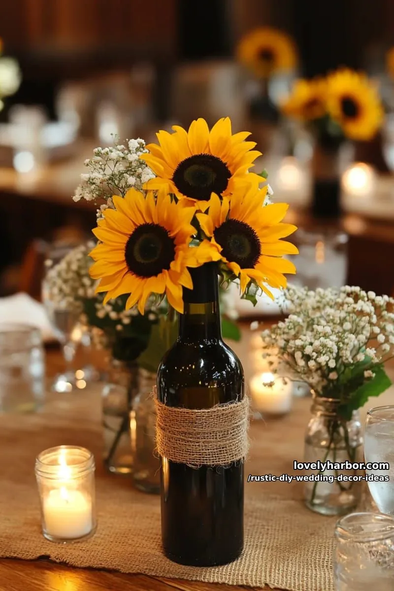 19 Rustic DIY Wedding Decor Ideas with Dreamy Vibes 11 twine-wrapped wine bottles holding fresh sunflowers on each table 1