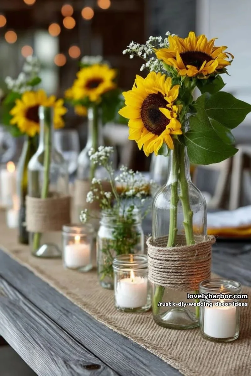 19 Rustic DIY Wedding Decor Ideas with Dreamy Vibes 12 twine-wrapped wine bottles holding fresh sunflowers on each table 1